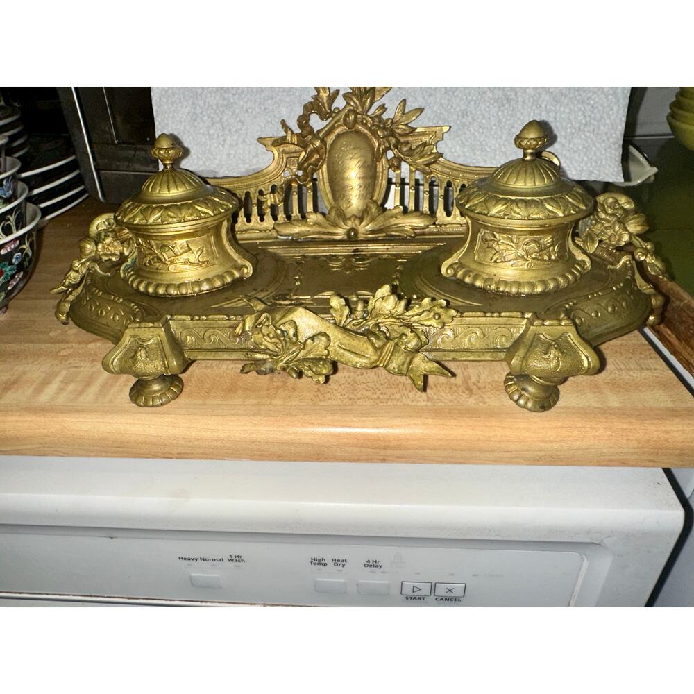 ANTIQUE 19TH CENTURY FRENCH BRASS DOUBLE INKWELL WITH GERMAN INSCRIPTION